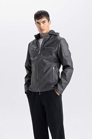 DeFacto Slim Fit Suni Deri Mont Dar Kesim Kapüşonlu Fermuarlı R2523AZ25SPAR110