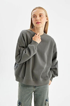 Coool Oversize Geniş Kalıp Bisiklet Yaka Kalın Basic Düz Sweatshirt