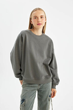 Coool Oversize Geniş Kalıp Bisiklet Yaka Kalın Basic Düz Sweatshirt