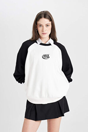 DeFacto Coool Loose Fit Biisklet Yaka Renk Bloklu Baskılı Sweatshirt D6673AX24WNBK81