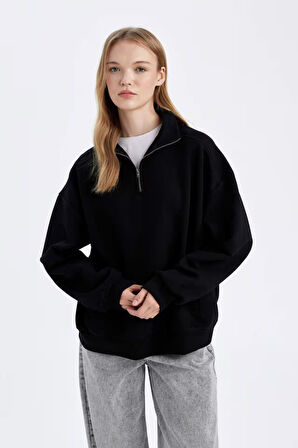 Oversize Fit Yarım Fermuarlı Kalın Kumaş Sweatshirt