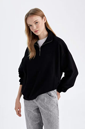 Oversize Fit Yarım Fermuarlı Kalın Kumaş Sweatshirt