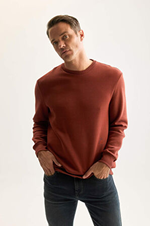 Erkek Lacivert 3 İplik Pamuklu Şardonlu İçi Polarlı Regular Fit Bisiklet Yaka Kalın Sweatshirt