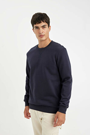 DeFacto Lacivert 3 İplik Pamuklu Şardonlu İçi Polarlı Regular Fit Bisiklet Yaka Kalın Sweatshirt D7876AXNSNV163