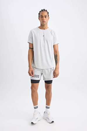 Defacto V2887 Gri DeFactoFit Slim Fit Dar Kesim Bisiklet Yaka Baskılı Sporcu Kısa Kollu Tişört