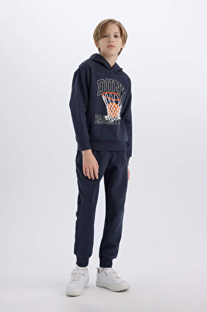 DeFacto Erkek Çocuk 2'li Takım Kapüşonlu Baskılı Sweatshirt Beli Paçası Lastikli Eşofman Altı B0410A824CWAR225