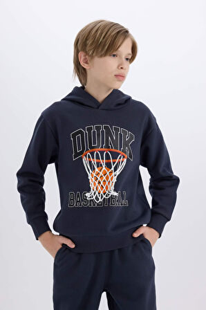 DeFacto Erkek Çocuk 2'li Takım Kapüşonlu Baskılı Sweatshirt Beli Paçası Lastikli Eşofman Altı B0410A824CWAR225