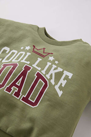 Erkek Bebek 2'li Takım Bisiklet Yaka Baskılı Sweatshirt Beli Lastikli Alt