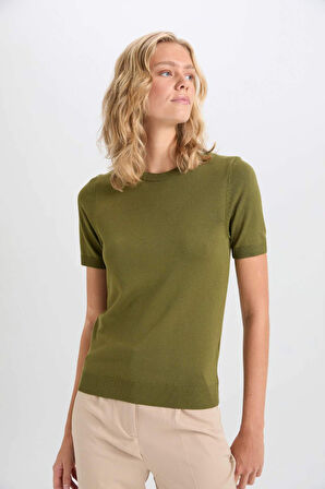 Kadın Kırmızı Regular Fit Bisiklet Yaka Basic Düz Kısa Kollu Kazak