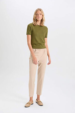 Kadın Kırmızı Regular Fit Bisiklet Yaka Basic Düz Kısa Kollu Kazak