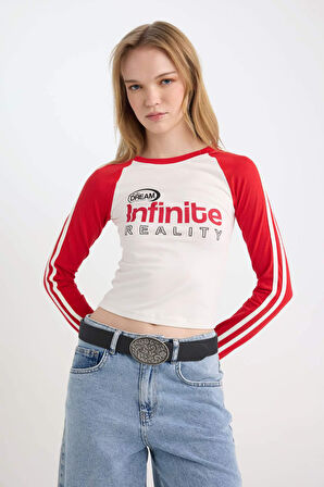 DeFacto Coool Fitted Dar Kesim Bisiklet Yaka Baskılı Uzun Kollu Tişört D6698AX24WNRD256