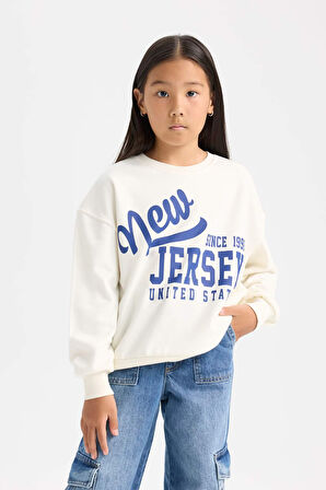 DeFacto Kız Çocuk Relax Fit Bisiklet Yaka Baskılı Sweatshirt D6615A824AUER99