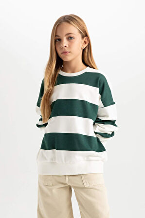 DeFacto Kız Çocuk Relax Fit Bisiklet Yaka Çizgili Sweatshirt D6502A8NSGN1116