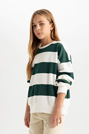 DeFacto Kız Çocuk Relax Fit Bisiklet Yaka Çizgili Sweatshirt D6502A8NSGN1116