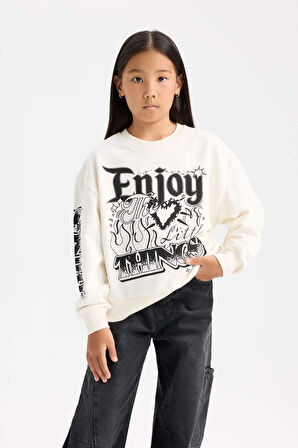 DeFacto Kız Çocuk Oversize Geniş Kalıp Bisiklet Yaka Baskılı Sweatshirt D6629A824AUER99