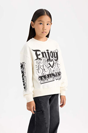 DeFacto Kız Çocuk Oversize Geniş Kalıp Bisiklet Yaka Baskılı Sweatshirt D6629A824AUER99
