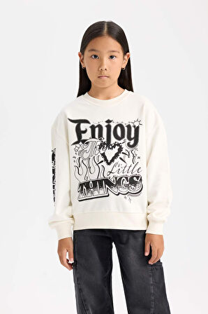 DeFacto Kız Çocuk Oversize Geniş Kalıp Bisiklet Yaka Baskılı Sweatshirt D6629A824AUER99