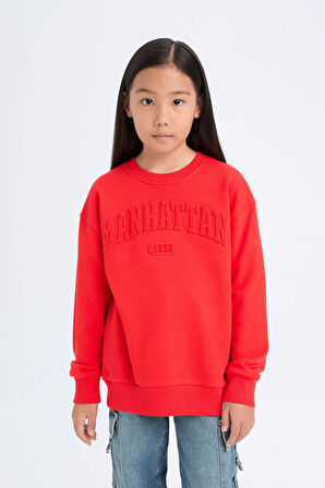 DeFacto Kız Çocuk Kırmızı Bisiklet Yaka Baskılı Sweatshirt D6627A824AURD44