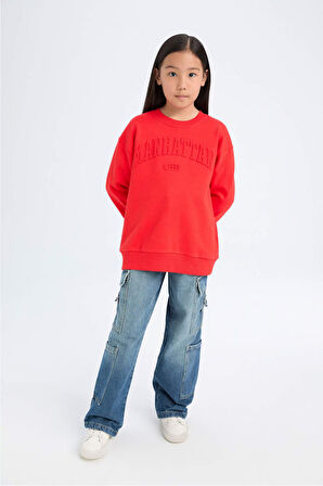 DeFacto Kız Çocuk Kırmızı Bisiklet Yaka Baskılı Sweatshirt D6627A824AURD44