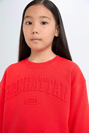 DeFacto Kız Çocuk Kırmızı Bisiklet Yaka Baskılı Sweatshirt D6627A824AURD44