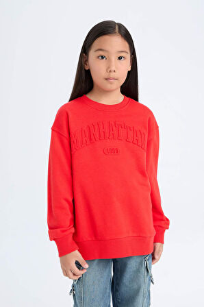 Kız Çocuk Kırmızı Regular Fit Bisiklet Yaka Slogan Baskılı Sweatshirt
