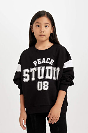DeFacto Kız Çocuk Siyah Relax Fit Bisiklet Yaka Baskılı Sweatshirt D6641A824AUBK81