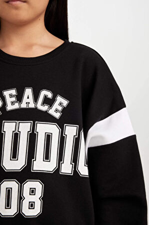 DeFacto Kız Çocuk Siyah Relax Fit Bisiklet Yaka Baskılı Sweatshirt D6641A824AUBK81