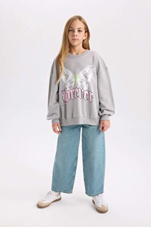 DeFacto Kız Çocuk Gri Oversize Geniş Kalıp Bisiklet Yaka Sırt Baskılı Sweatshirt D6630A824AUGR52