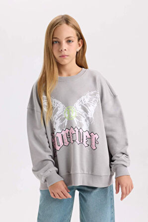DeFacto Kız Çocuk Gri Oversize Geniş Kalıp Bisiklet Yaka Sırt Baskılı Sweatshirt D6630A824AUGR52
