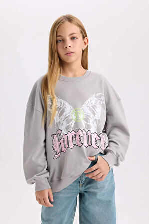 DeFacto Kız Çocuk Gri Oversize Geniş Kalıp Bisiklet Yaka Sırt Baskılı Sweatshirt D6630A824AUGR52