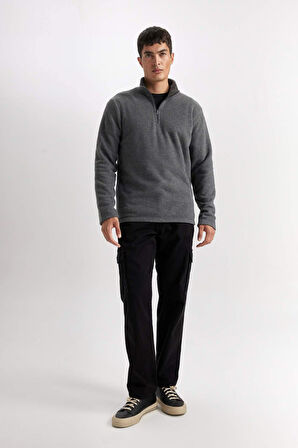 DeFacto Antrasit Tüylenme Yapmayan Soğuk Geçirmez  Regular Fit Dik Yaka Fermuarlı Polar Sweatshirt Y3996AZNSAR198
