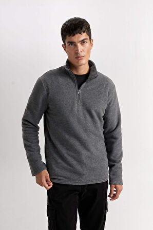DeFacto Antrasit Tüylenme Yapmayan Soğuk Geçirmez  Regular Fit Dik Yaka Fermuarlı Polar Sweatshirt Y3996AZNSAR198