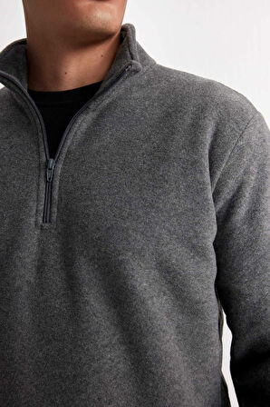 DeFacto Antrasit Tüylenme Yapmayan Soğuk Geçirmez  Regular Fit Dik Yaka Fermuarlı Polar Sweatshirt Y3996AZNSAR198