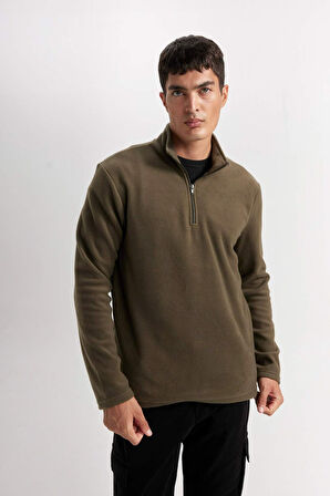 DeFacto Haki Tüylenme Yapmayan Soğuk Geçirmez  Regular Fit Dik Yaka Fermuarlı Polar Sweatshirt Y3996AZNSKH469