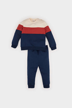 Erkek Bebek 2'li Takım Renk Bloklu Uzun Kollu İçi Yumuşak Tüylü Sweatshirt Beli Lastikli Eşofman Altı