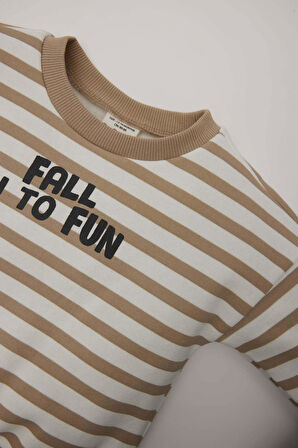 Erkek Bebek Bisiklet Yaka Baskılı İçi Yumuşak Tüylü Çizgili Sweatshirt