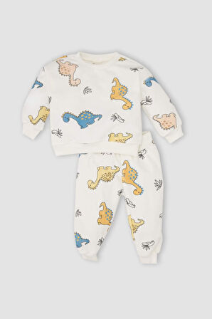 DeFacto Erkek Bebek 2'li Takım Bisiklet Yaka Dinazor Desenli Sweatshirt Üst Beli Lastikli Eşofman Altı D5940A524WNWT34