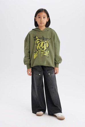 DeFacto Oversize Geniş Kalıp Kapüşonlu Baskılı Sweatshirt Kız Çocuk D1567A824WNKH210