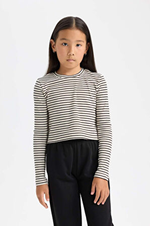 DeFacto Kız Çocuk Cropped Fit Polo Yaka Çizgili Fitilli Kaşkorse Uzun Kollu Tişört D3368A824AUER99