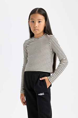 DeFacto Kız Çocuk Cropped Fit Polo Yaka Çizgili Fitilli Kaşkorse Uzun Kollu Tişört D3368A824AUER99