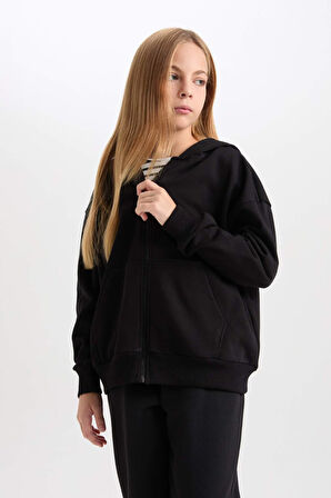 DeFacto Oversize Geniş Kalıp Kapüşonlu Basic Düz Hırka D6498A8NSBK81