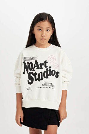 DeFacto Kız Çocuk Oversize Geniş Kalıp Bisiklet Yaka Baskılı Sweatshirt D6491A8NSER85
