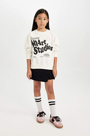 DeFacto Kız Çocuk Oversize Geniş Kalıp Bisiklet Yaka Baskılı Sweatshirt D6491A8NSER85