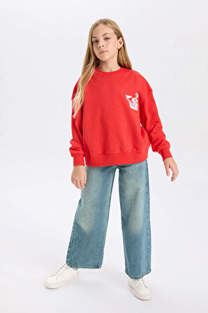 DeFacto Kız Çocuk Oversize Geniş Kalıp Bisiklet Yaka Sırt Baskılı Sweatshirt D6492A8NSRD44