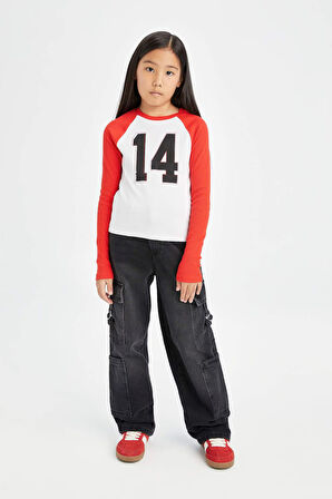 DeFacto Kız Çocuk Bisiklet Yaka Sayı Desenli Fitilli Kaşkorse Uzun Kollu Tişört D6499A8NSWT34