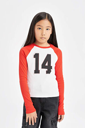 DeFacto Kız Çocuk Bisiklet Yaka Sayı Desenli Fitilli Kaşkorse Uzun Kollu Tişört D6499A8NSWT34