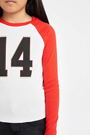 DeFacto Kız Çocuk Bisiklet Yaka Sayı Desenli Fitilli Kaşkorse Uzun Kollu Tişört D6499A8NSWT34