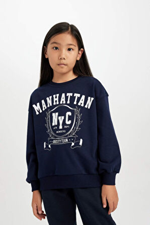 Kız Çocuk Relax Fit Bisiklet Yaka Üniversite Baskılı Sweatshirt