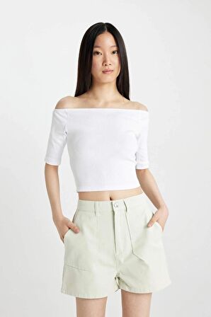 DeFacto Slim Fit Dar Kesim Omuzu Açık Fitilli Kaşkorse Kısa Kollu Tişört C9169AX24SMWT34