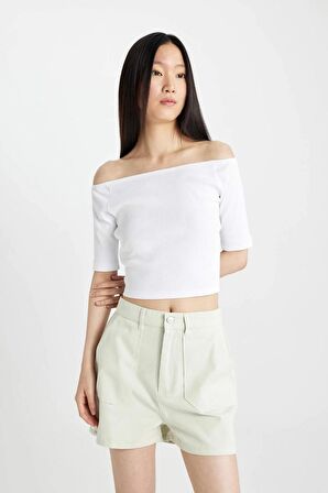 DeFacto Slim Fit Dar Kesim Omuzu Açık Fitilli Kaşkorse Kısa Kollu Tişört C9169AX24SMWT34